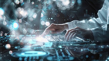 The person working on a computer with a background that includes abstract graphics of technology, in the style of medical care, selective focus, shaped canvas, commission for, uhd image, light silver 