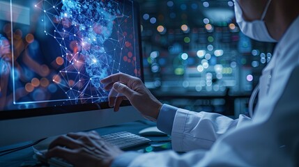 The person working on a computer with a background that includes abstract graphics of technology, in the style of medical care, selective focus, shaped canvas, commission for, uhd image, light silver 