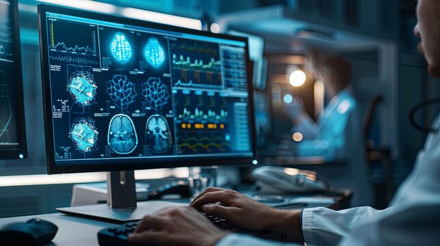 The person working on a computer with a background that includes abstract graphics of technology, in the style of medical care, selective focus, shaped canvas, commission for, uhd image, light silver 