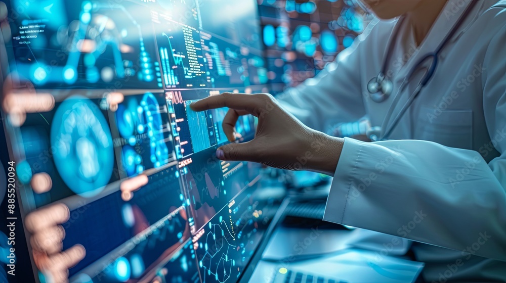 Fototapete The person working on a computer with a background that includes abstract graphics of technology, in the style of medical care, selective focus, shaped canvas, commission for, uhd image, light silver 