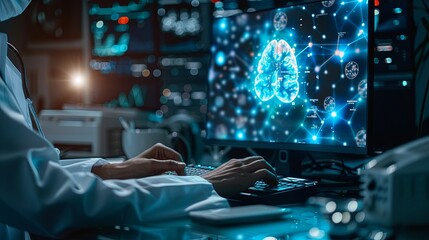 The person working on a computer with a background that includes abstract graphics of technology, in the style of medical care, selective focus, shaped canvas, commission for, uhd image, light silver 