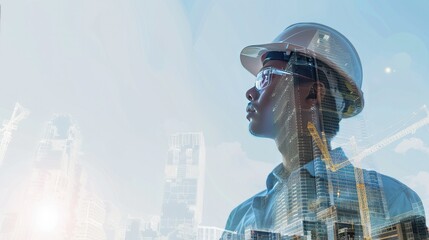 Construction and engineering concept with young female engineer wearing hard hat in double exposure at construction site view realistic daylight