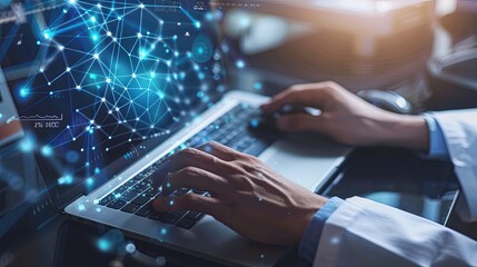 The person working on a computer with a background that includes abstract graphics of technology, in the style of medical care, selective focus, shaped canvas, commission for, uhd image, light silver 