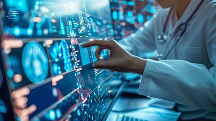 The person working on a computer with a background that includes abstract graphics of technology, in the style of medical care, selective focus, shaped canvas, commission for, uhd image, light silver 