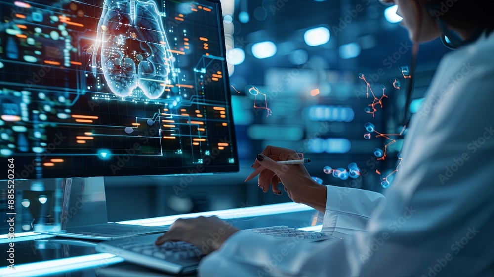 Fototapete The person working on a computer with a background that includes abstract graphics of technology, in the style of medical care, selective focus, shaped canvas, commission for, uhd image, light silver 