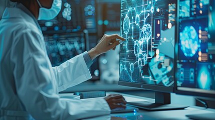 The person working on a computer with a background that includes abstract graphics of technology, in the style of medical care, selective focus, shaped canvas, commission for, uhd image, light silver 