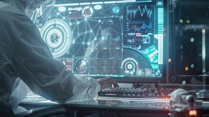 The person working on a computer with a background that includes abstract graphics of technology, in the style of medical care, selective focus, shaped canvas, commission for, uhd image, light silver 