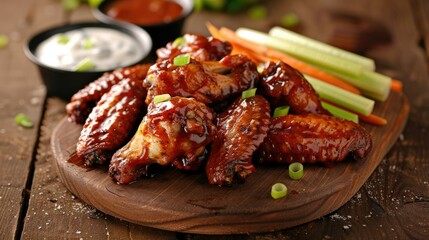 Fototapeta premium photograph of Freshly fried BBQ wings Served on a wooden board With celery, carrots and blue cheese sauce, traditional buffalo wings.