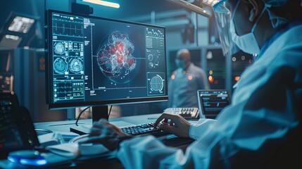 The person working on a computer with a background that includes abstract graphics of technology, in the style of medical care, selective focus, shaped canvas, commission for, uhd image, light silver 