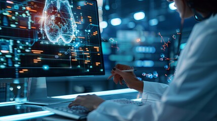 The person working on a computer with a background that includes abstract graphics of technology, in the style of medical care, selective focus, shaped canvas, commission for, uhd image, light silver 