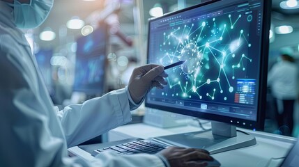 The person working on a computer with a background that includes abstract graphics of technology, in the style of medical care, selective focus, shaped canvas, commission for, uhd image, light silver 