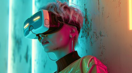 Young girl model with short white hairs wearing a VR visor viewer, purple led lights on the VR and on the wall behind her 