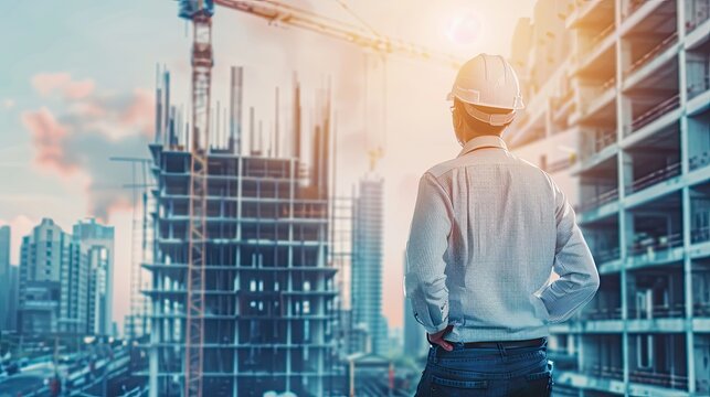 rear view of professional engineer manager standing concentrate focus multi exposure with building construction industry background construstion engineer concept.ai