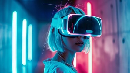 Young girl model with short white hairs wearing a VR visor viewer, purple led lights on the VR and on the wall behind her 