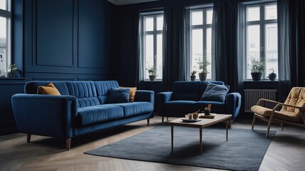 Fototapeta premium Dark blue sofa and chair and room interior design