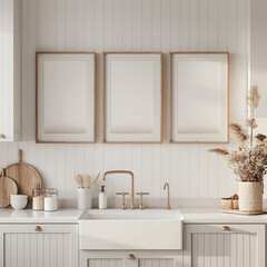 Fototapeta premium Bright Modern Kitchen with Triple Blank Frames and Elegant Decor
