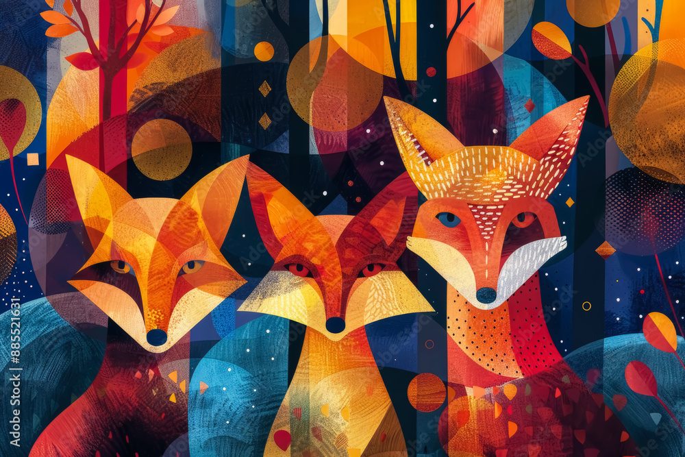 Poster artistic vector flat illustration of foxes in a stylized geometric style with bright outlines and vi