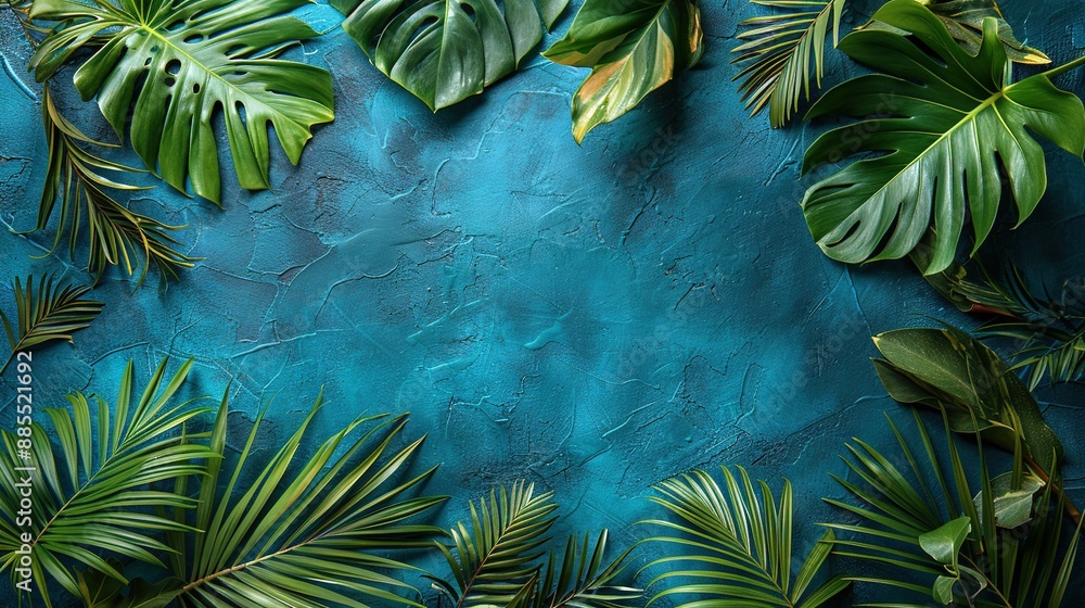 Poster a picture featuring a cluster of lush green foliage against a serene blue backdrop, with ample space