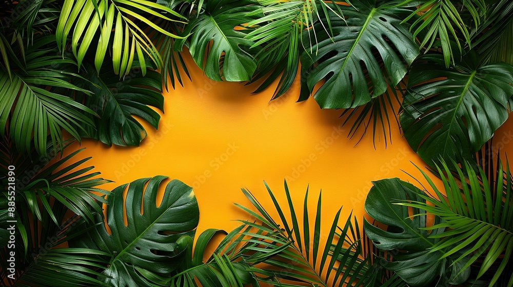 Poster a palm leaf background features shades of green and is adorned with an array of palm fronds text can
