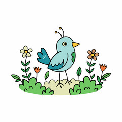 Doodle bird in a whimsical garden, white background