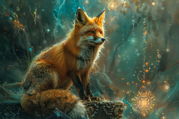 illustration of a fox in a fairy tale world, depicted with mystical signs and a mystical background. Intricate details highlight the mystical features and elegant pose of the fox.