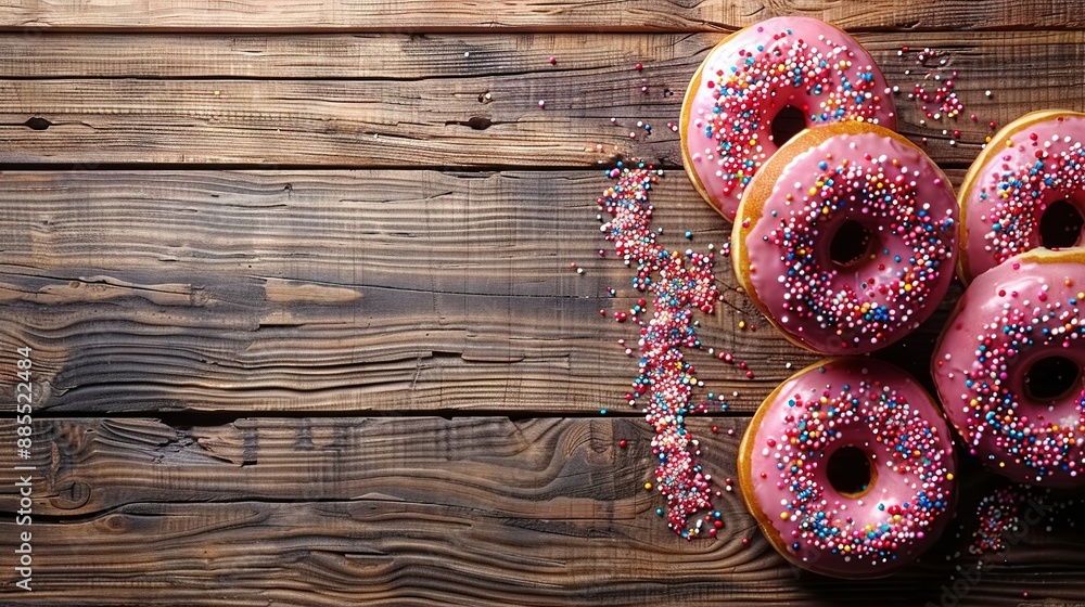 Poster pink donut stack with sprinkles on wooden surface and string sprinkle display