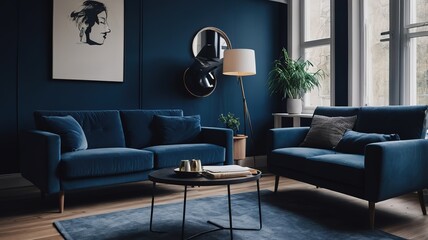 Dark blue sofa and chair and room interior design