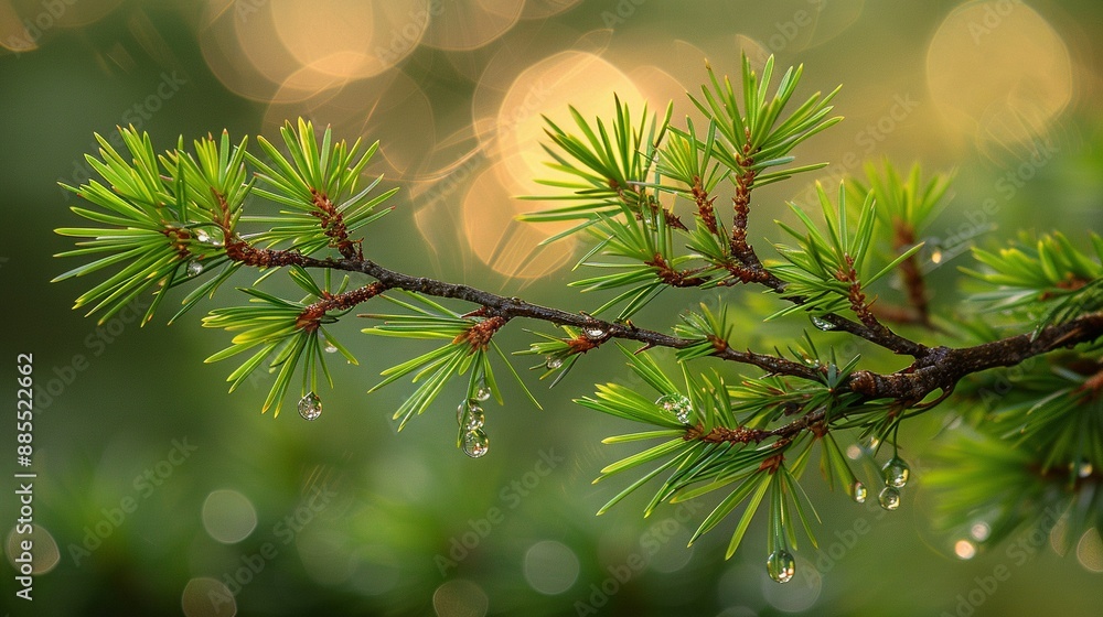 Poster a sharp focus on a pine tree branch with droplets of water clinging to its needles, set against a so