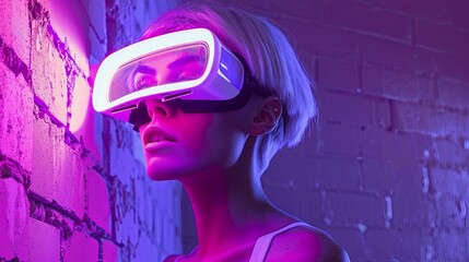 Young girl model with short white hairs wearing a VR visor viewer, purple led lights on the VR and on the wall behind her 
