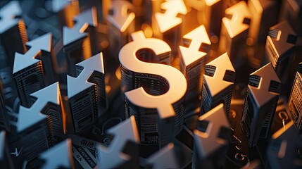 Create an illustration of a dollar sign surrounded by arrows pointing upward, representing the upward trajectory and continuous growth of the dollar in the economy view photorealistic daylight