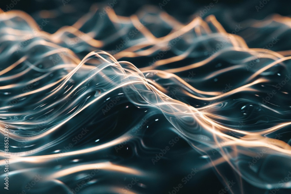 Poster abstract digital wave pattern, vibrant and dynamic fluid design with light trails in dark background