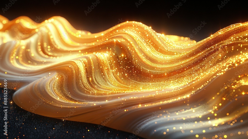 Poster close-up of golden sparkling wave on black background with blurred waves in the foreground