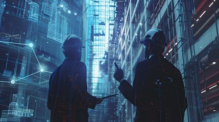 Engineer and architect analyze project under construction with new technology and innovation on digital tablet and network of construction icons on futuristic virtual interface.