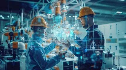 Engineer and architect analyze project under construction with new technology and innovation on digital tablet and network of construction icons on futuristic virtual interface.