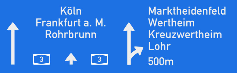 Autobahntafel auf BAB A3 auf der Höhe Wertheim, in Richtung Köln, Nachbildung, Zeichnung