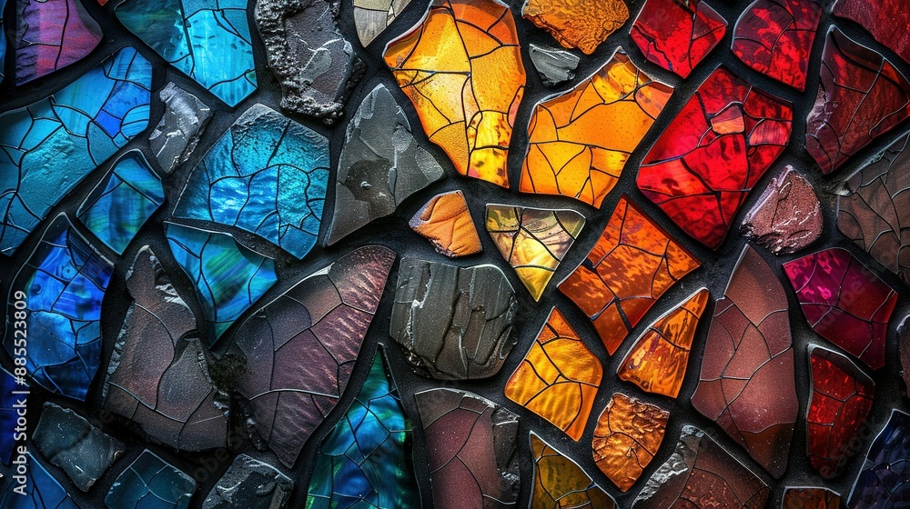 Poster   Stained glass window in sharp focus with multi-colored light streaming through top and bottom