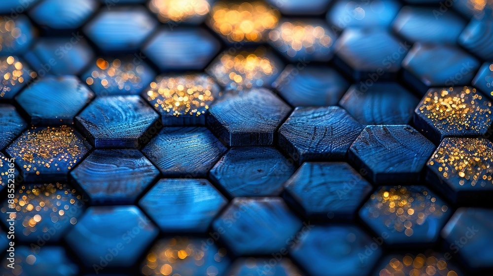 Poster a close-up view of a hexagonal pattern of blue glass with gold flecks on the surface