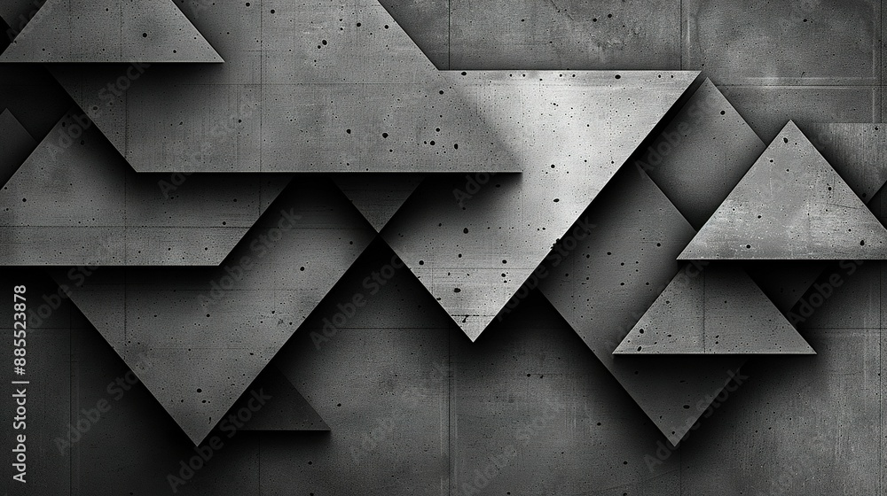 Poster black and white image of a wall adorned with smaller triangles on its left side
