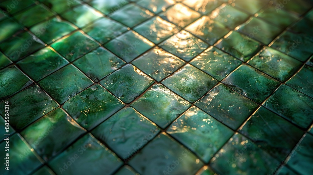 Poster a close-up of a green tiled floor beneath sunlight filtering through the tree's leaves in the backgr