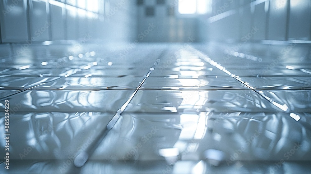 Poster close-up of tiled floor with light from center & background window