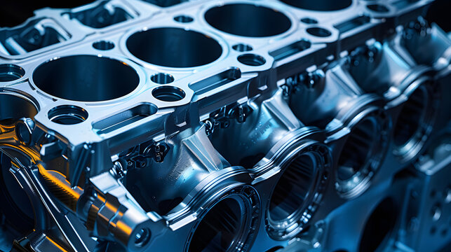 cylinder block of diesel engine repair. Close-up of the cylinder block in blue tone. Car engine cylinder heads. Industry car service concept background