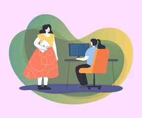 Female boss with laptop giving instructions to employee working on computer. Business leader and worker flat vector illustration. Leadership, work concept for banner or landing page