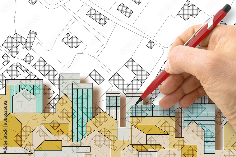 Poster building permit concept with imaginary cadastral map and general urban plan - building activity and 