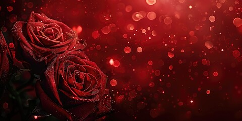 Red roses with dew drops on dark red blurred bokeh background