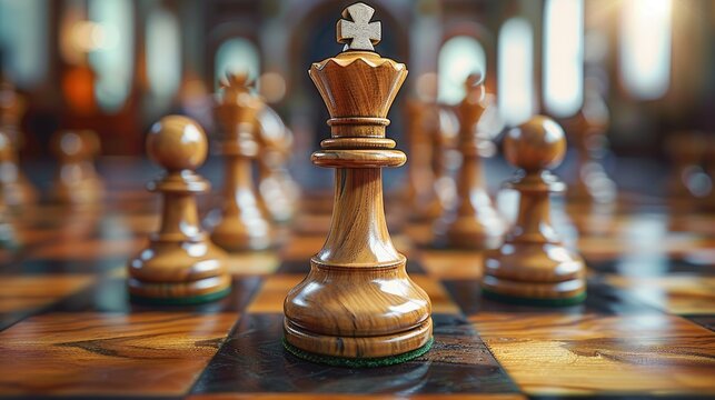 Wooden chess pieces arranged on a chessboard with a focus on the queen