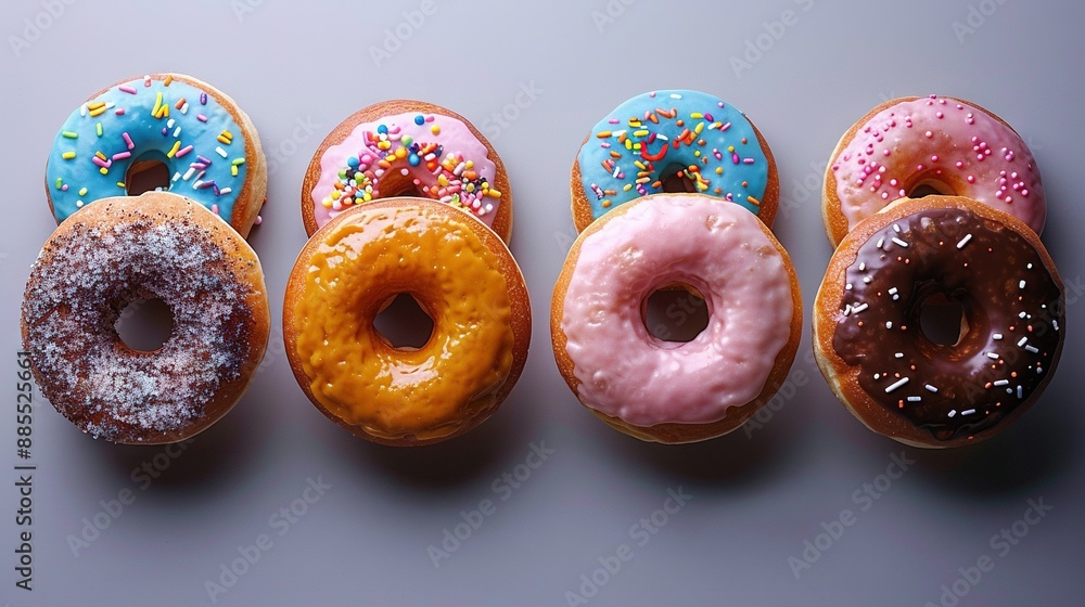 Poster doughnuts in a row with various frosting and sprinkles on a gray background