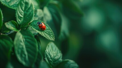 Small red-orange ladybug on a green leaf