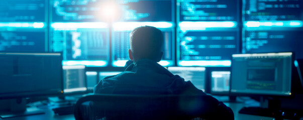 Software Developer coding on multiple holographic screens, hightech office, sleek and modern, blue and white tones