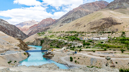 Aerial view of Purne Village, a serene and captivating destination nestled in the heart of the Zanskar Valley in Ladakh, India