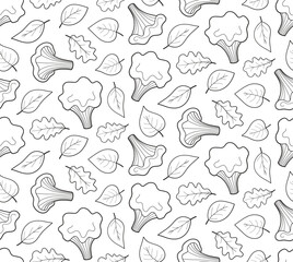 Pattern with outline mushrooms and leaves , seamless background with leaves and mushrooms contour.